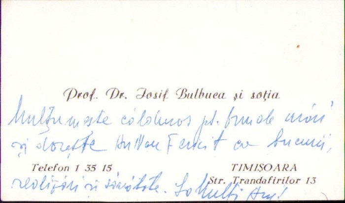 A2492N Carte de vizită profesor dr Iosif Bulbuca, Timișoara, cu notă manu propria