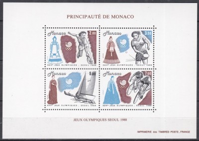 Monaco 1988 - Jocurile Olimpice - Seul - Noi discipline feminine, Colita, MNH foto