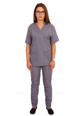 Costum medical gri cu bluza cu anchior in forma V, trei buzunare aplicate si pantaloni gri cu elastic XS foto