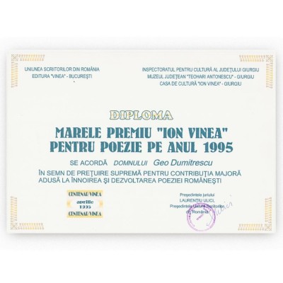 Marele Premiu &amp;bdquo;Ion Vinea&amp;rdquo; pentru Poezie pe anul 1995, diplomă acordată lui Geo Dumitrescu foto