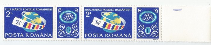 Romania, LP 1245a/1990, Ziua marcii post. romanesti, cu vineta, pereche, MNH