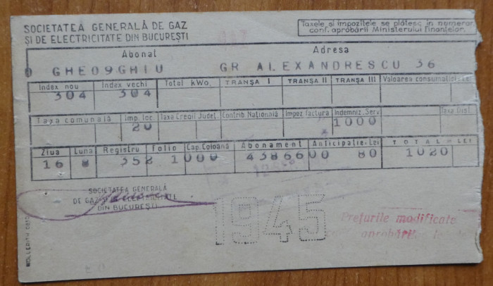 Societatea Generala de Gaz si Electricitate Bucuresti , 3 facturi din 1945