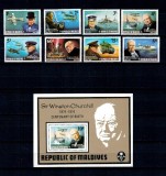 Maldives 1974 - Winston Churchill, avioane, vapoare, transport, serie si colita neuzata