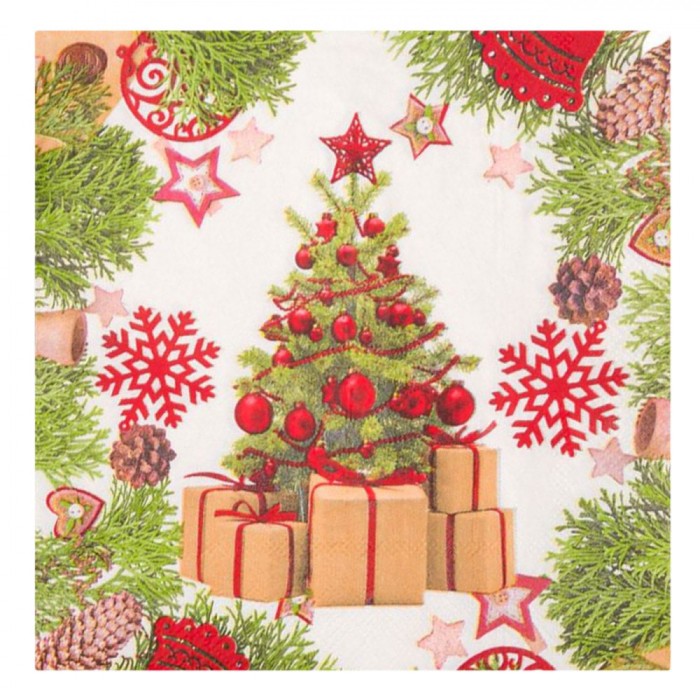 șervețele de Masă Crăciun, Model Brad cu Cadouri, Multicolor, 33x33cm, Set 20 Bucăți, 2 Straturi