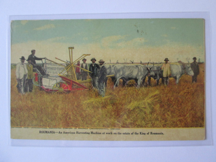 Domeniul Coroanei Rușețu carte poș.publicitară mașină recoltat americană 1910