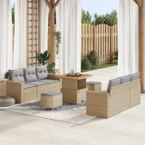 Set canapele grădină vidaXL cu 9 piese și perne Bej ratan poli acacia, Set masa grădină vidaXL cu 3 piese și perne Bej ratan poli acacia
