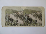 Foto.steros.polic.pe carton 176 x 86 mm:Trupe franceze mărșăluind prin Champagne, Color, Europa, Militar