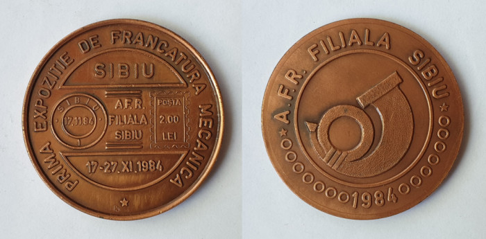 Prima expozitie de francatura mecanica Sibiu 1984 , placheta RSR, Medalie rara