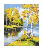 Tablou peisaj din natura cu mesteceni pictat manual, 50x40cm ulei pe panza, Constantin Feraru