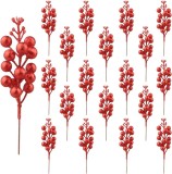 Set 20 fructe de padure artificiale Jangostor, matase/metal/spuma, rosu, 19 cm