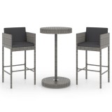 Set mobilier bar de gradina, cu perne, 3 piese, gri, poliratan