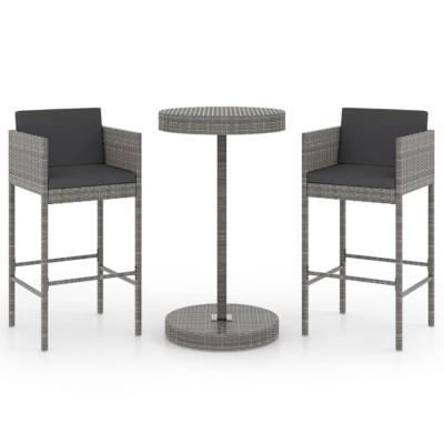 Set mobilier bar de gradina, cu perne, 3 piese, gri, poliratan foto
