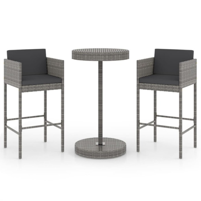 Set mobilier bar de gradina, cu perne, 3 piese, gri, poliratan