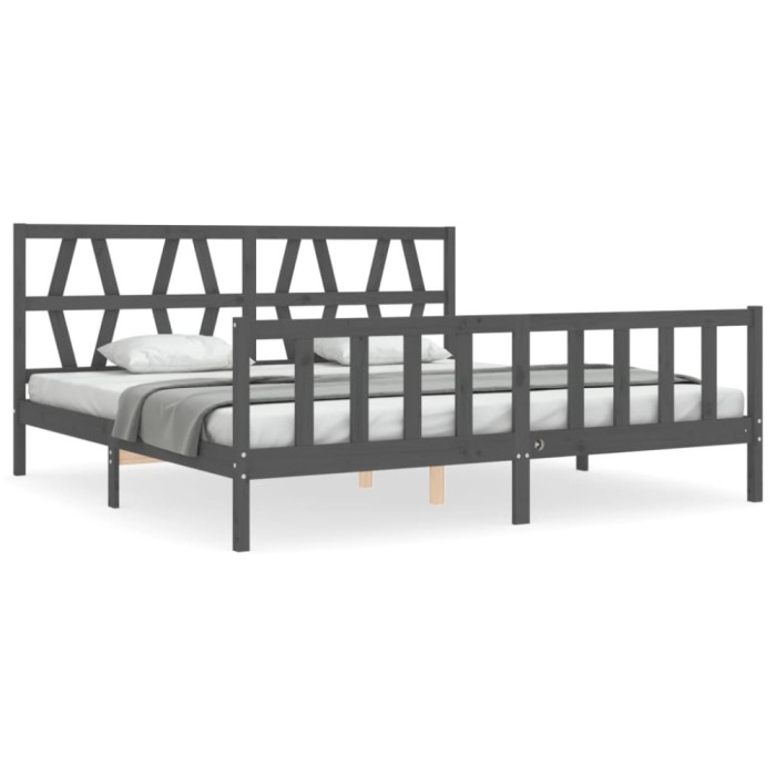 Cadru pat cu tablie 200x200 cm, gri, lemn masiv