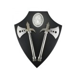 Panoplie Decorativa Medievala Scut cu Topoare Lemn Negru 55cm, Obiect Colectie Vintage