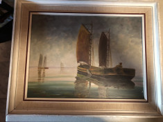 Tablou,pictura in ulei pe panza tema maritima,,barci cu panze foto