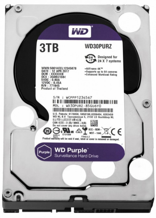 Hdd intern wd 3.5 3tb purple sata3 5400rpm 64mb surveillance hdd