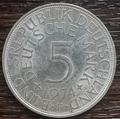 (A894) MONEDA DIN ARGINT GERMANIA - 5 MARK 1974, LIT F, 11,2 GRAME. PURITATE 625 foto