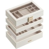 SONGMICS Cutie de bijuterii cu 4 nivele detasabile, MDF si PU, capac sticla, 17x28x18 cm, alb Household NewTrend