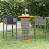 Cumpara ieftin Set mobilier bar de grădină, cu perne, 3 piese, gri, poliratan