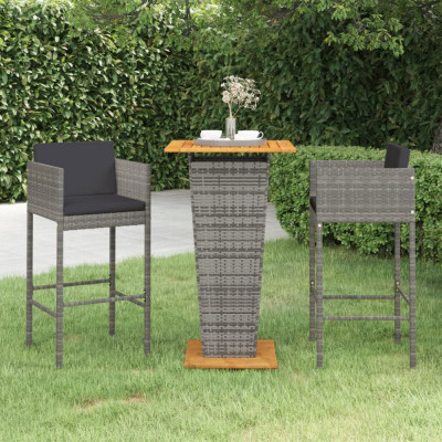 vidaXL Set mobilier bar de grădină, cu perne, 3 piese, gri, poliratan foto