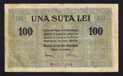 ROMANIA 100 Lei BGR 1917 - VG . Banca Generala Romana . Stare buna, mai rara foto