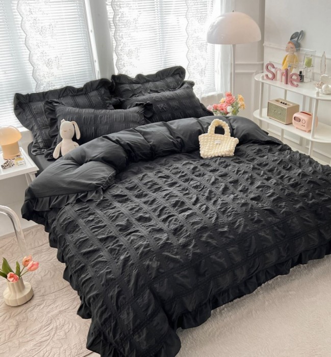 Lenjerie pat dublu creponata,bumbac finet,6 piese,neagra-A873