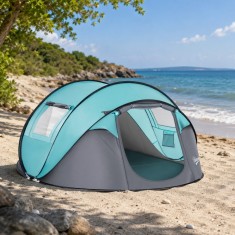 Cort camping, 4 persoane, impermeabil, tip igloo, cu 2 ferestre, 2 intrari, husa, deschidere automata,&nbsp;albastru deschis si gri, 286x209x122 cm
