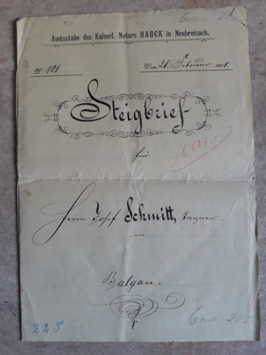 ACTE NOTARIALE VECHI 1911 - TIMBRU FISCAL -FILIGRAN -CALIGRAFIE - NOTAR IMPERIAL