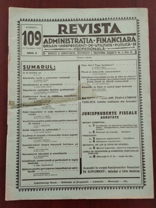 Revista Administrația Financiară Nr. 109 din 15 noiembrie 1936