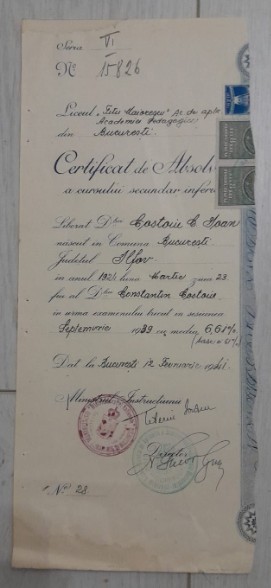 1939 Certif COSTOIU Ioan Bucuresti, semnat ministru, Liceul Titu Maiorescu D1