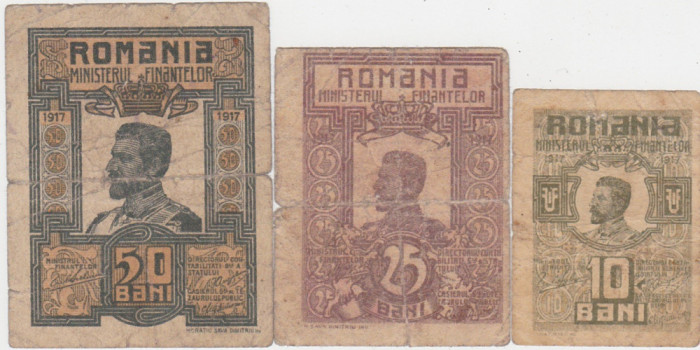 ROMANIA 10 BANI 1917, 25 BANI 1917, 50 BANI 1917 Ferdinand UZATE