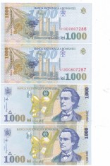 Romania 1 000 1000 Lei 1998 P-106 UNC Mihai Eminescu,x2 SERIE CONSECUTIVA