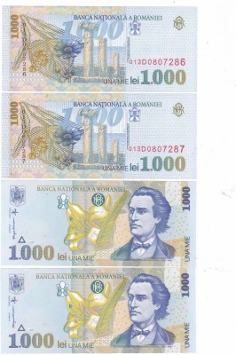 Romania 1 000 1000 Lei 1998 P-106 UNC Mihai Eminescu,x2 SERIE CONSECUTIVA foto