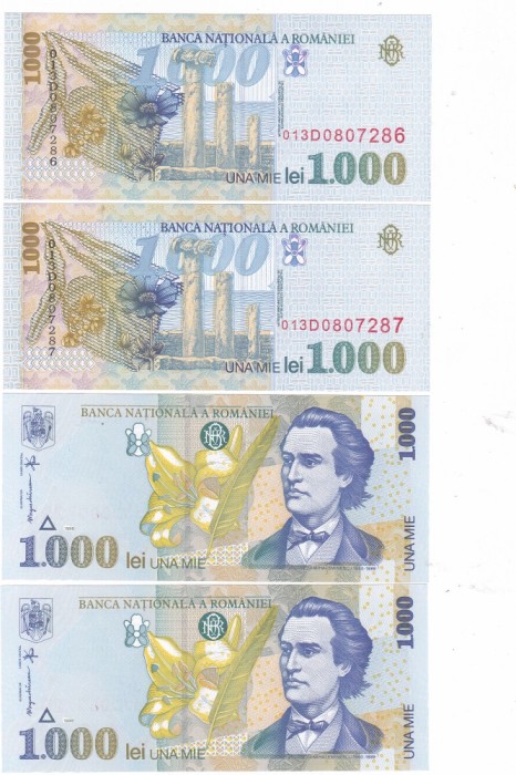 Romania 1 000 1000 Lei 1998 P-106 UNC Mihai Eminescu,x2 SERIE CONSECUTIVA