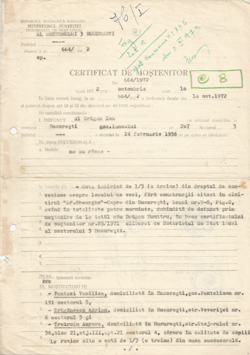 Rom&acirc;nia, Not. de Stat al sect. 3 București, Certificat 1 de moștenitor, 1972