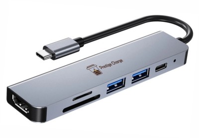 HUB USB-C 6-in-1, PRESTIGE CHARGE&amp;reg;, conectare monitor, alimentare laptop si transfer date - port 4K HDMI, 100W PD, USB 3.0 5Gbps, USB 2.0 si cititor c foto