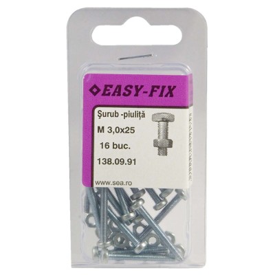 Surub cu cap bombat, amprenta cruce, cu piulita, Easy-Fix, otel, zincat alb, M3 x 25 mm, set 16 bucati foto
