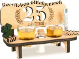 Set de pahare si banca cu gravura eleganta pentru aniversare 25 ani Brynnberg, lemn/sticla, natur/transparent
