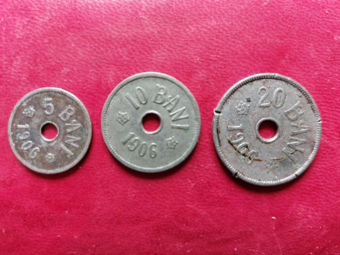 Lot monede 5 bani 1906 J,10 bani 1906 J,20 bani 1906 J,Romania.