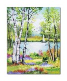 Cumpara ieftin Tablou pictat manual, Peisaj cu mesteceni si iola, 50x40cm ulei pe panza, gata de agatat pe perete