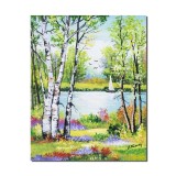 Tablou pictat manual, Peisaj cu mesteceni si iola, 50x40cm ulei pe panza, gata de agatat pe perete