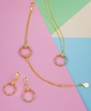 Cumpara ieftin Set Bijuterii Argint 925 Aurit: Colier, Cercei &amp; Bratara Rotund, Cristale Transparente, Auriu/Argintiu/Roz, 16-20cm