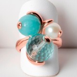 Cumpara ieftin Inel Trilogy reglabil Argint 925 placat aur roz, cuarț, amazonit, perlă cultura 8-12mm. Handmade Italy. Cutie cadou