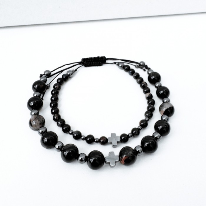 Set bratari cuplu din turmalina neagra si hematit - Protectie energie negativa