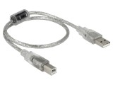 Cablu USB 2.0 A-B 0,5m transparent, viteză 480Mbps, dublu ecranat