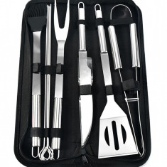 Set ustensile gratar, 9 piese, cutit, furculita, cleste, perie, otel, 800g, 38,5 x 12 x 5cm, argintiu