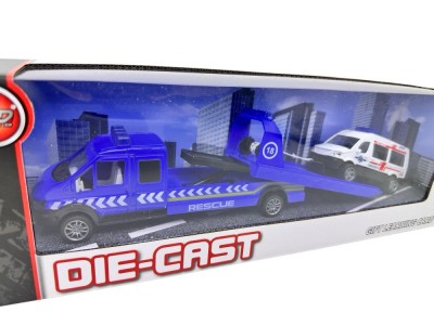 Macheta Camion Platforma Ford Transit Rescue albastru + Masina Pompieri 1:64 Die-Cast foto