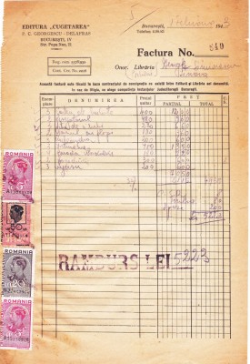 LIBRARIA P. C. GEORGESCU EDITURA &amp;quot;CUGETAREA&amp;quot; FACTURA CU TIMBRE FISCALE PERFORATE 1943 foto