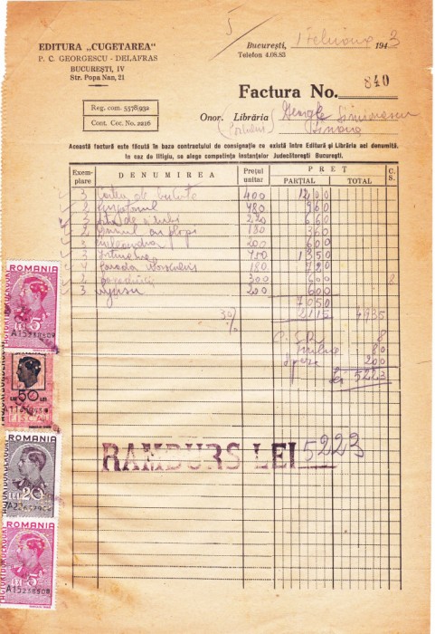 LIBRARIA P. C. GEORGESCU EDITURA &quot;CUGETAREA&quot; FACTURA CU TIMBRE FISCALE PERFORATE 1943